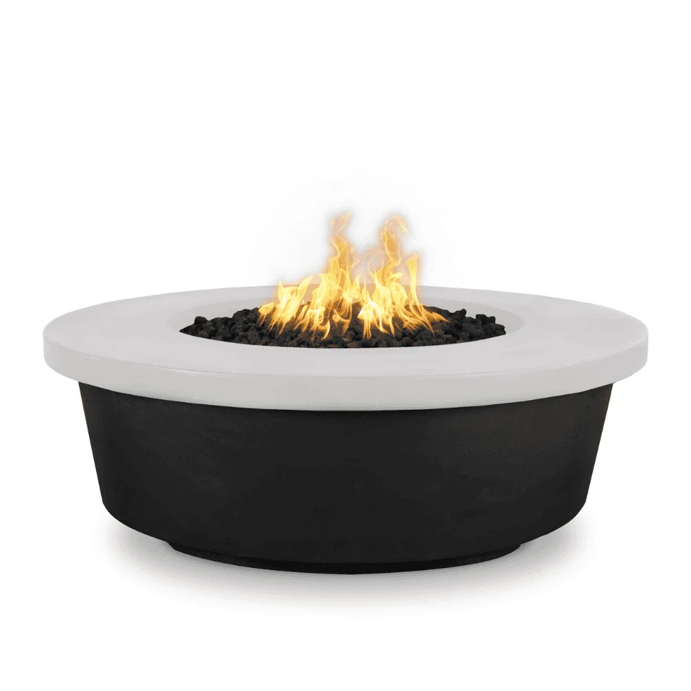 Black and white round metal powdered coated fire pit table with lava rocks and flames on top
