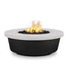 Black and white round metal powdered coated fire pit table with lava rocks and flames on top