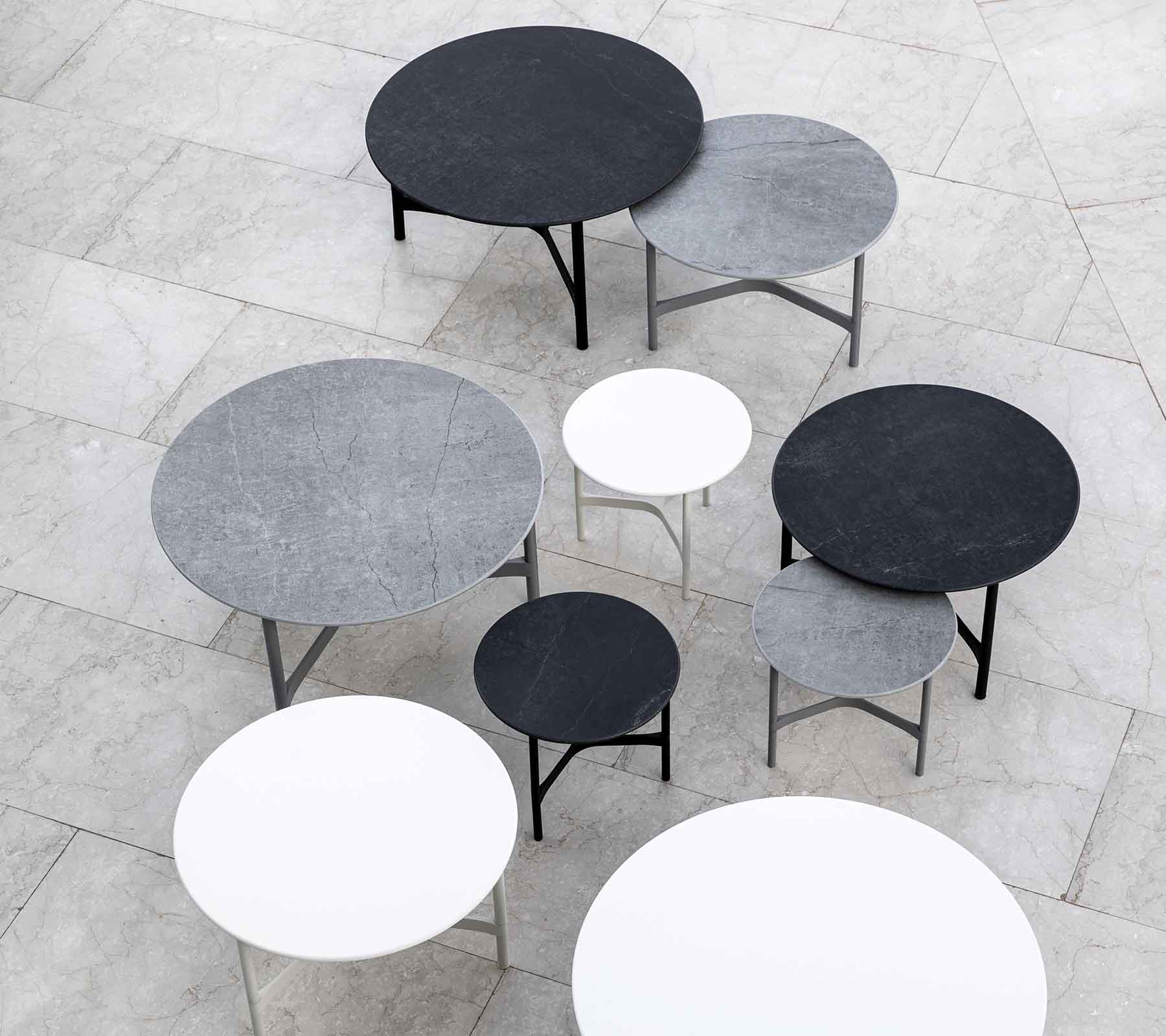  Boxhill's Twist outdoor round coffee table in black, grey and white colors with different sizes