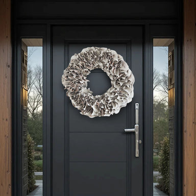 White ruffled lacquer wreath on a dark modern front door with glass side panels and wood accents.
