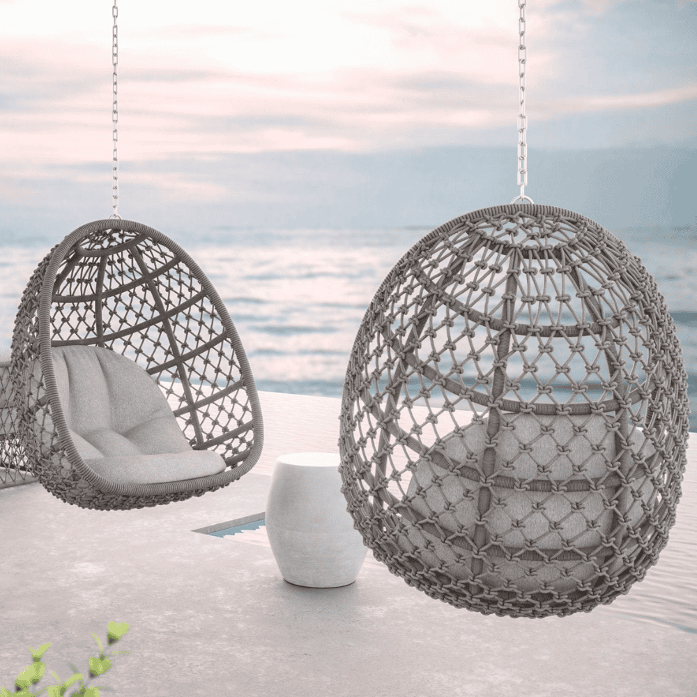 Boxhill's Amelia Outdoor Hanging Chair Sand lifestyle with Durban Side Table