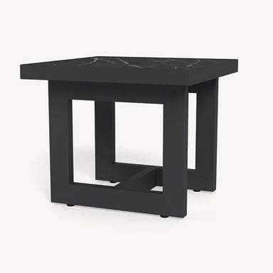 Modern square black outdoor side table with ceramic top sturdy base design.