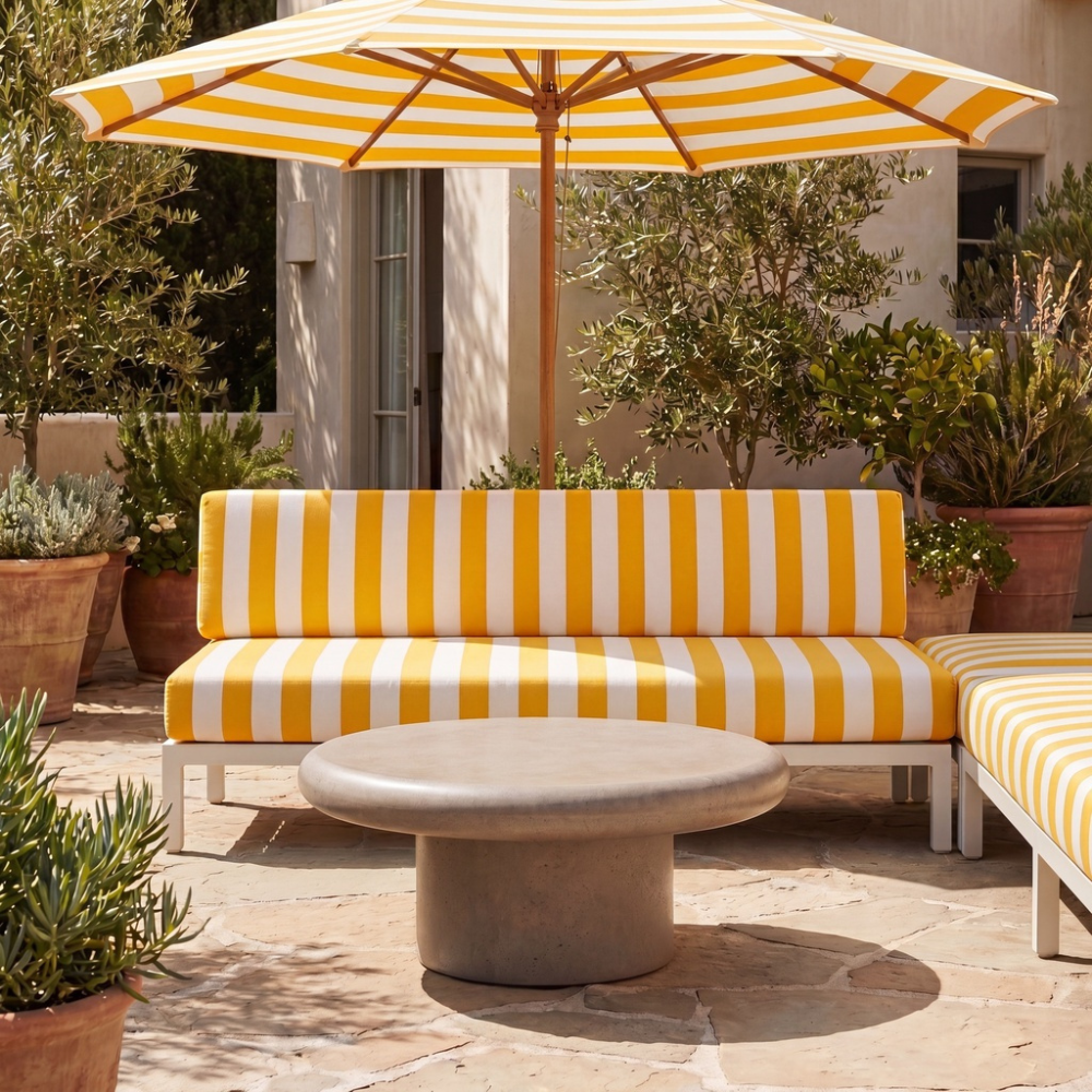 Outdoor patio furniture set featuring a white outdoor sofa with bold yellow and white striped cushions, a matching side table, a large yellow and white striped umbrella, and potted plants on a stone patio.