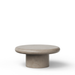 A minimalist round concrete coffee table with a thick cylindrical base, shown on a clean white background with a soft shadow.