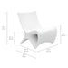 White sculptural molded chair shown with dimension callouts and measurement lines indicating height, width, and depth in inches and centimeters on a light gray background.
