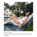 A woman in a white two-piece swimsuit reclines on a white curved lounge chair by a swimming pool outdoors, with trees and a patio structure in the background. Text below reads: Ergonomic Support, Enjoy superior head and neck support with enhanced ergonomics throughout.