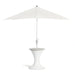 A white outdoor patio umbrella with a matching white pedestal table base, shown against a solid white background.