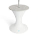 A modern white pedestal side table with a light gray wood-grain top, featuring a central opening for a hanging lamp, shown on a white background.