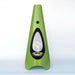 Green cone-shaped outdoor metal fire pit with visible flame at the center