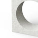 Close-up of square white speckled concrete patio console side table with circular cutout on a white background