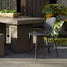 Gray outdoor side chair with perforated backrest beside concrete table on patio with greenery and tropical leaves