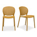 Two yellow armless outdoor dining chairs with perforated backrest on a white background
