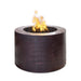 Dark brown hammered Copper outdoor metal round fire pits with lava rocks and flames on top