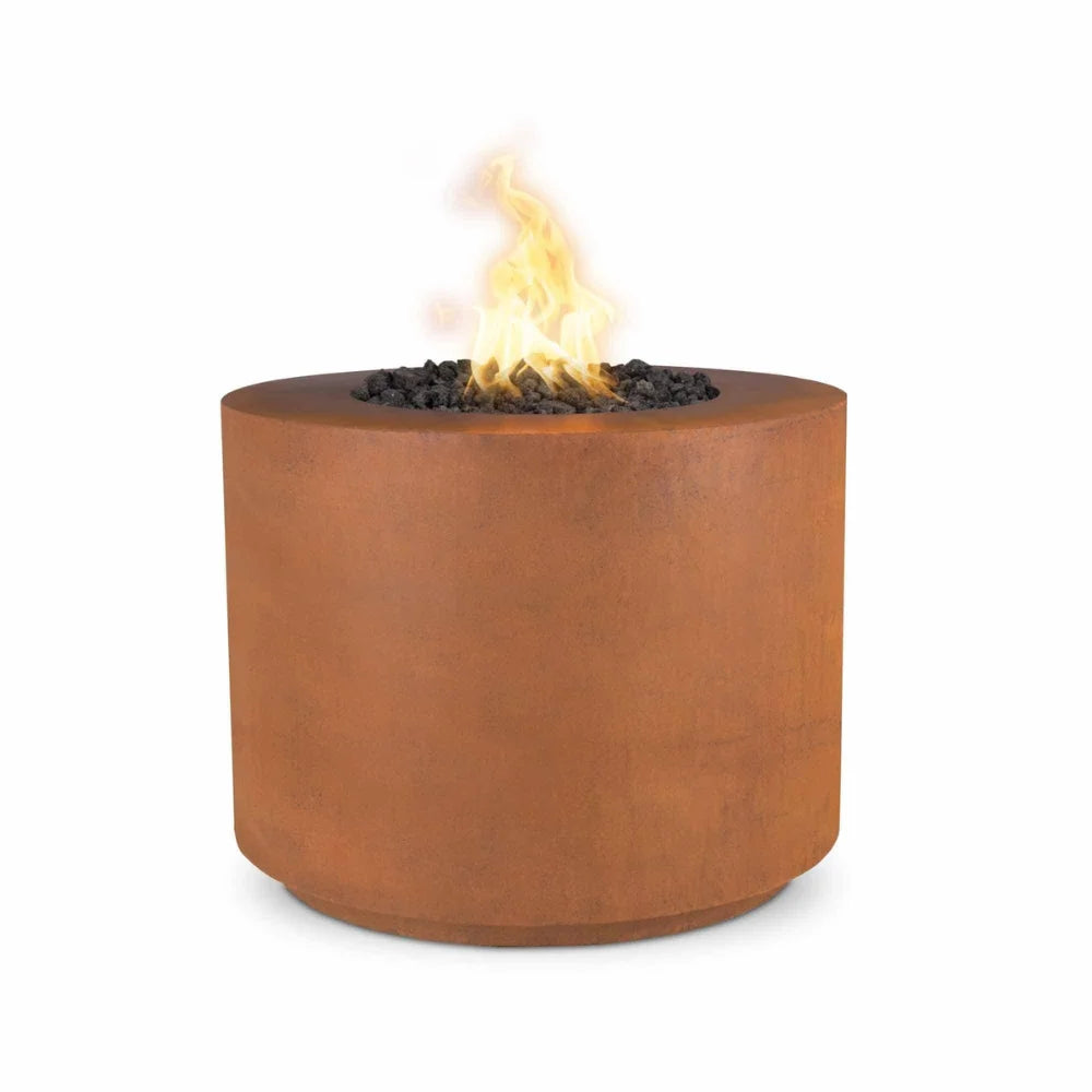 Corten steel outdoor metal round fire pits with lava rocks and flames on top