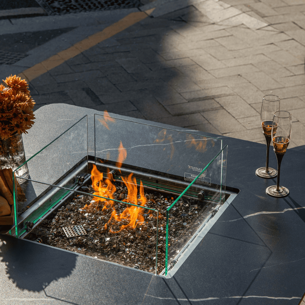 Brugge Marble Porcelain Outdoor Dining Table Fire Table lifestyle