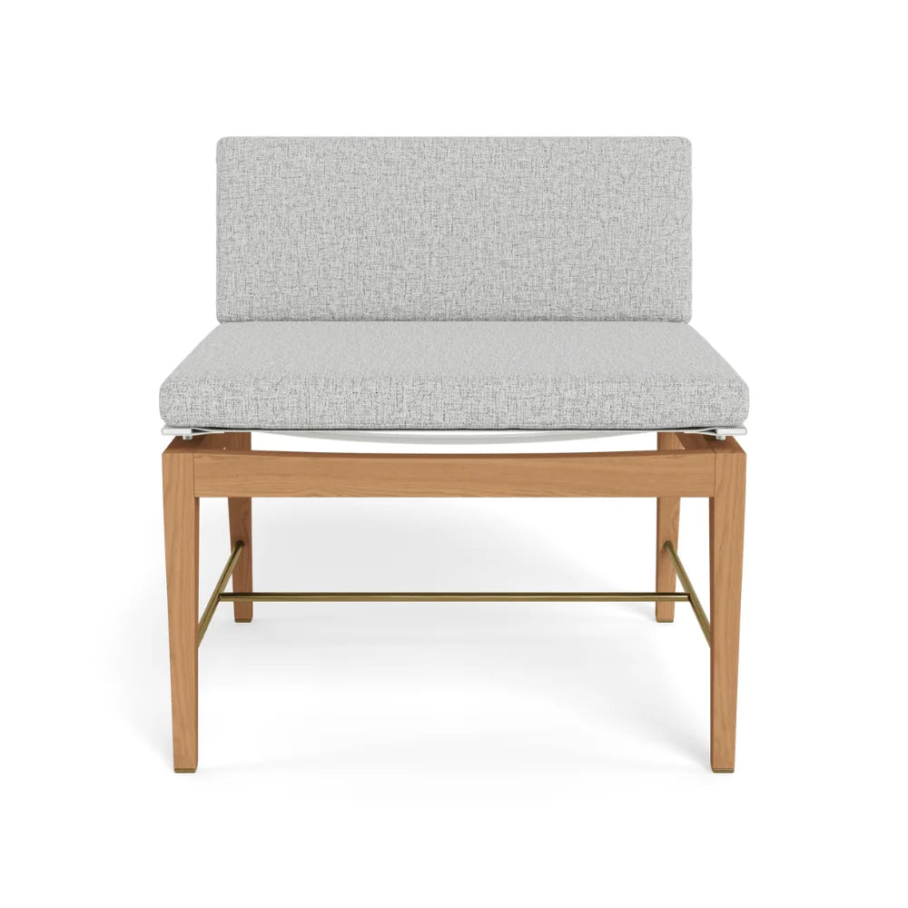 Outdoor easy chair with gray cushioned seat and backrest.