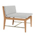 Wooden outdoor chair with gray cushion.