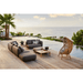 Boxhill's Capture Outdoor Corner Sofa w/ Table, Pouf, & Chaise lifestyle image on wooden platform beside the pool