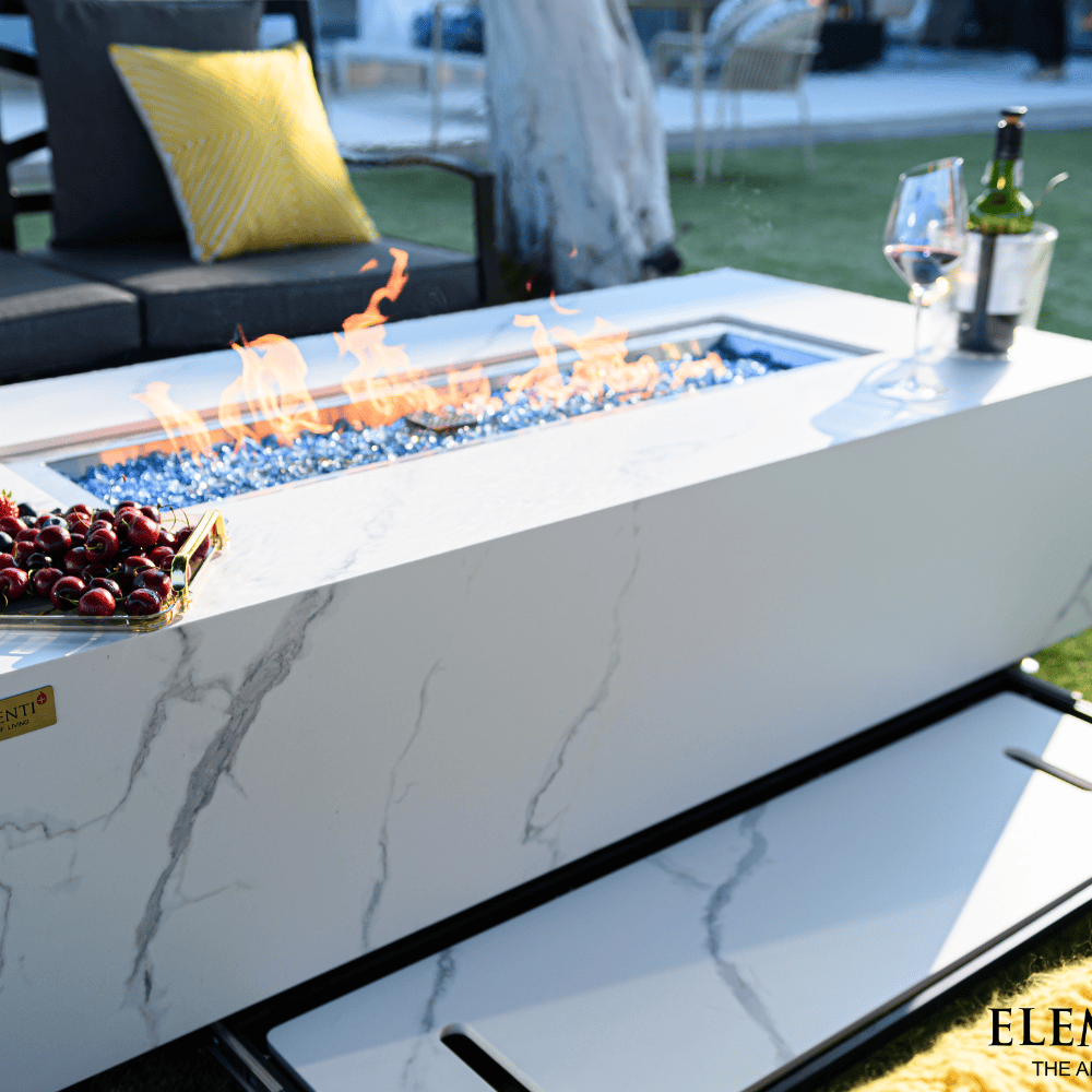 Boxhill's Carrara Marble Porcelain Outdoor Fire Table lifestyle