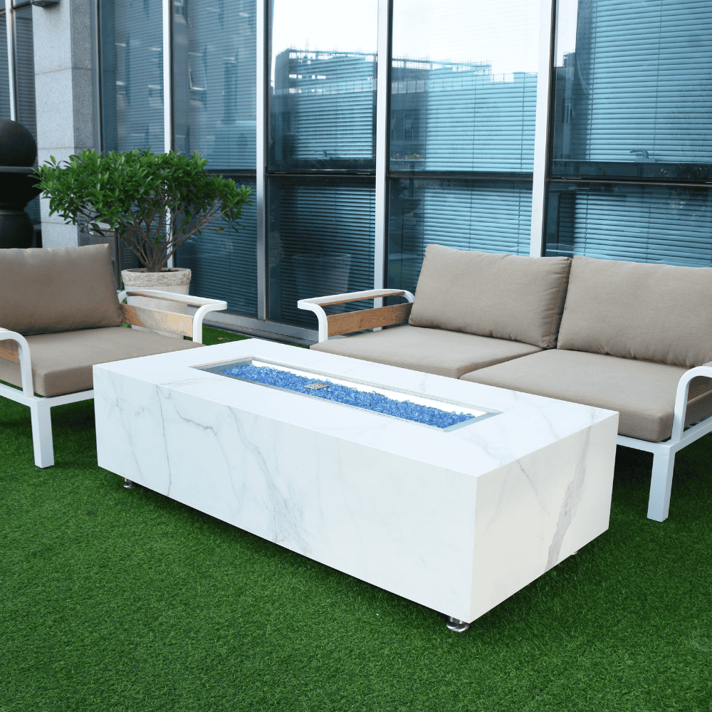 Boxhill's Carrara Marble Porcelain Outdoor Fire Table Lifestyle