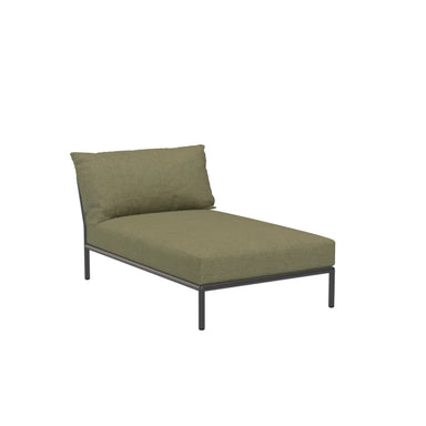 Olive green cushioned outdoor chaise lounge with dark gray metal frame on white background
