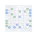 A square white checkers game board with a grid, featuring blue and green checkers and printed brand text at the bottom right.