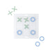 A minimalist tic-tac-toe game set on a white background, featuring a square white board with a grid, light green X-shaped markers, and light blue O-ring markers.