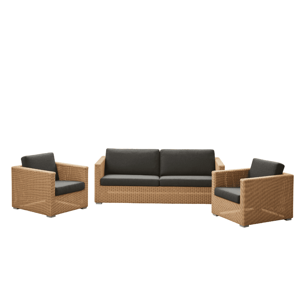 Boxhill's Chester Lounge Weave Coastal Chair Natural and Chester 3-Seater Coastal Sofa Natural with Black Cushion