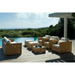 Boxhill's Chester Lounge Weave Coastal Chair Natural lifestyle image with Chester 3-Seater Coastal Sofa and Chester Footstool, Weave Coffee Table on wooden Platform poolside