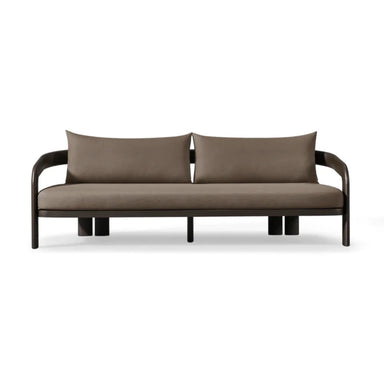 3 seat outdoor sofa with dark brown aluminum frame and brown cushions on a white background