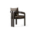 Dark brown outdoor dining chair on a white background, back view