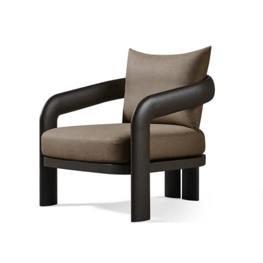 Dark brown modern outdoor lounge chair with almond-shaped armrests on a white background