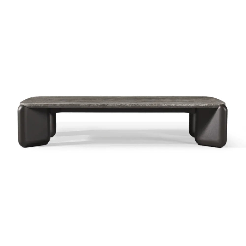 Dark gray rectangular outdoor coffee table with textured top on a white background