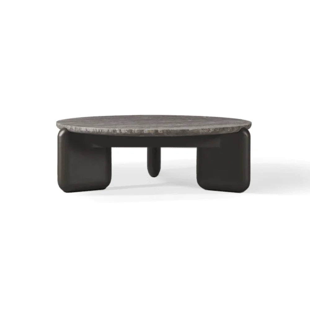 Round outdoor coffee table with dark gray aluminum base and textured tabletop on a white background