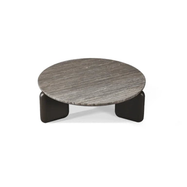 Modern round patio coffee table with  gray  textured top on a white background