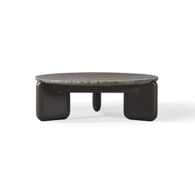 Round outdoor coffee table with dark gray aluminum base and textured tabletop on a white background