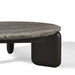 Close-up view of dark gray aluminum framed outdoor coffee table with gray textured top on a white background