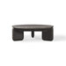 Round outdoor coffee table with dark gray aluminum base and textured tabletop on a white background