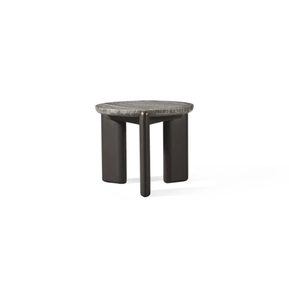 Dark gray outdoor side table with textured surface tabletop on a white background