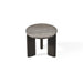 Round patio side table with textured tabletop and dark gray aluminum base on white background