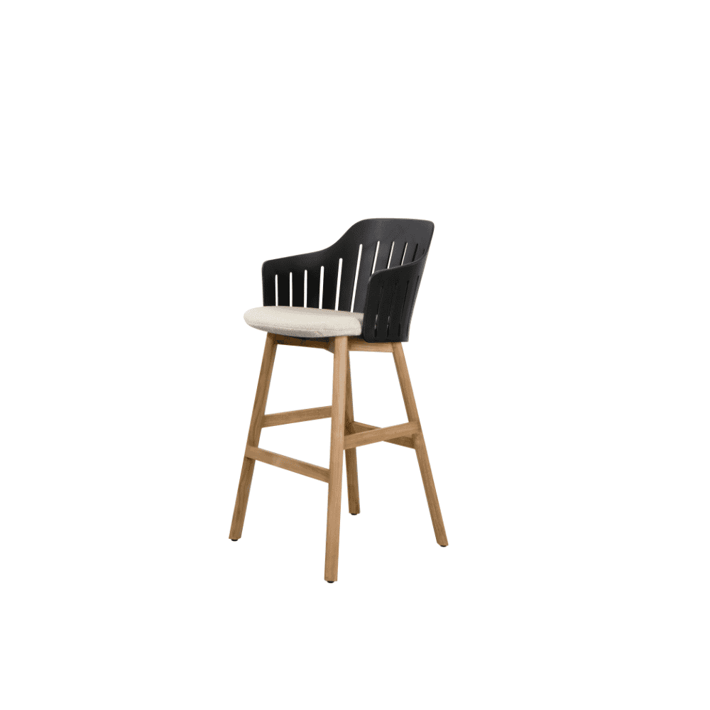 Boxhill's Choice Outdoor Bar Chair Black Seat Shell Teak Legs with Light Sand Free Seat Cushion