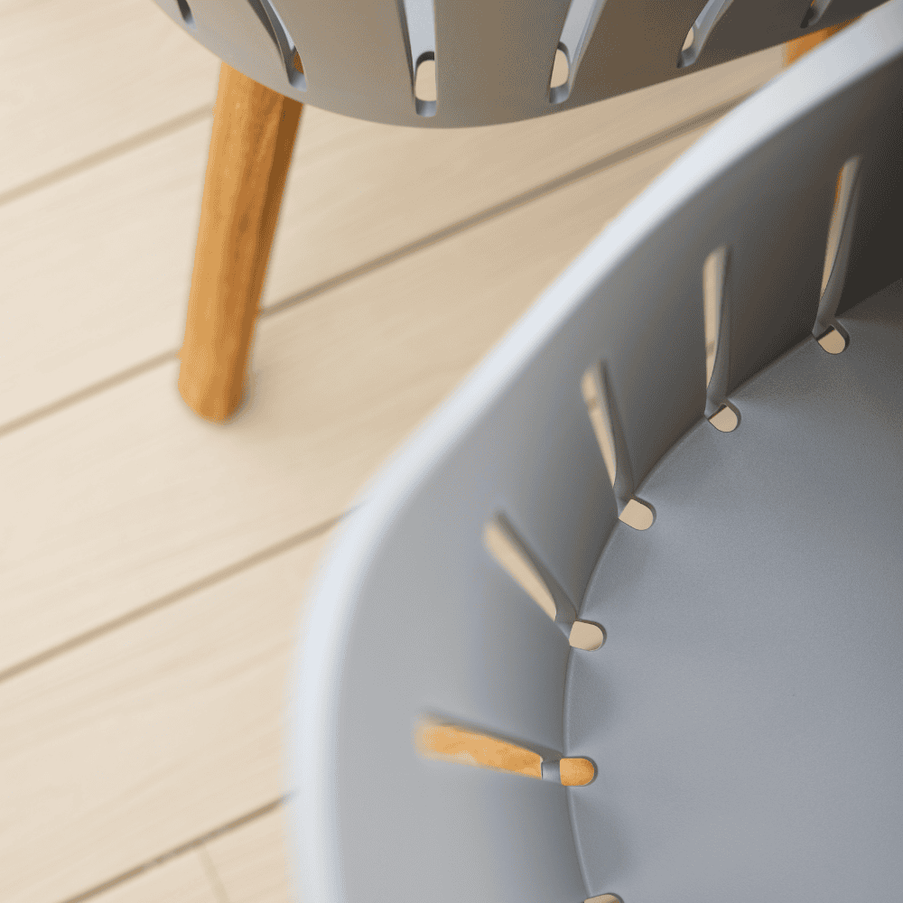 Boxhill's Choice Outdoor Dining Chair Taupe Shell Teak Legs close up view