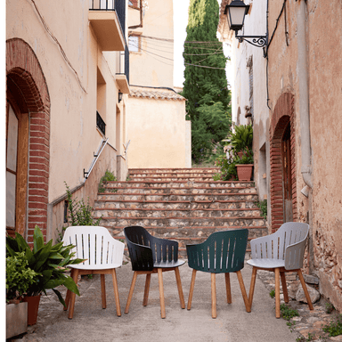 Boxhill's Choice Outdoor Dining Chair Teak Legs lifestyle image 4 different colors