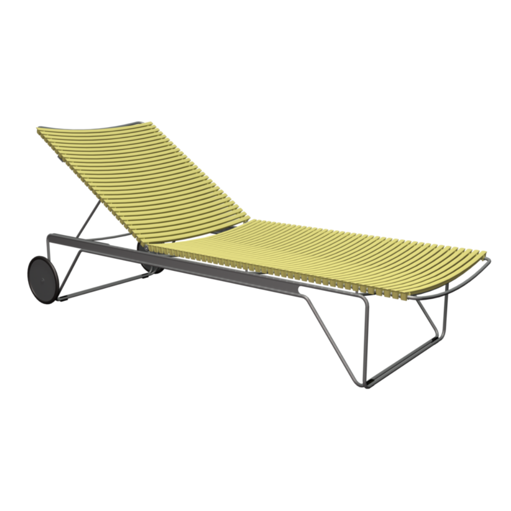 Metal framed outdoor chaise lounge with light green slatted backrest