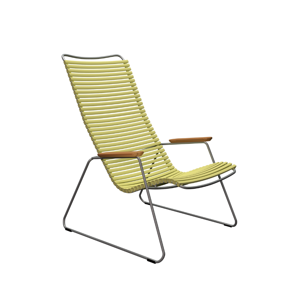 Yellow lounge chair with wooden armrests on a white background