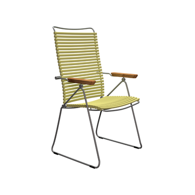 Yellow-green outdoor position chair with wooden armrests on a white background