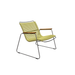 Modern outdoor chair with light green slatted seat and wooden armrests