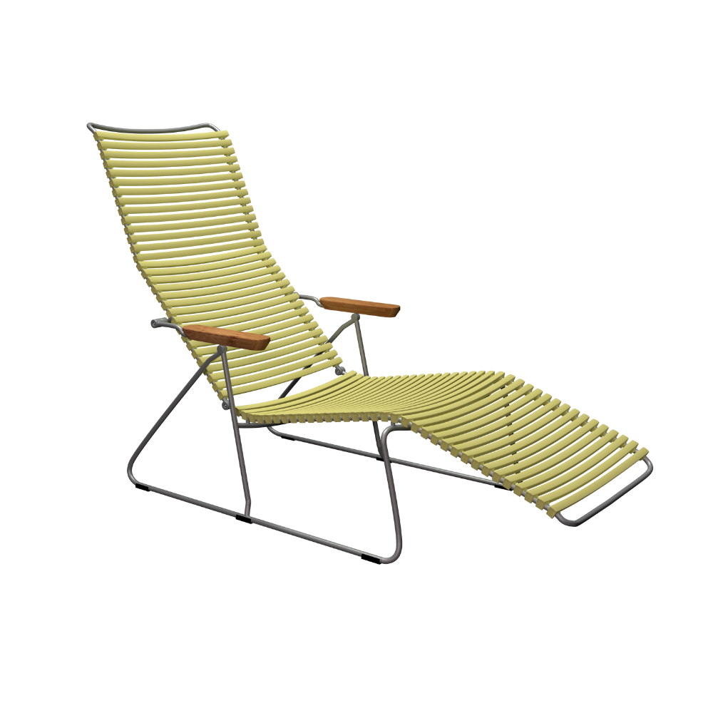 Green lounge chair with wooden armrests on a white background