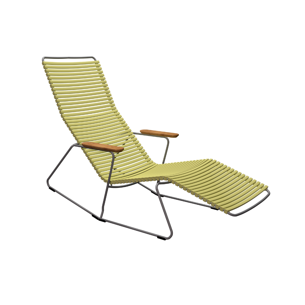 Green lounge chair with wooden armrests on a white background