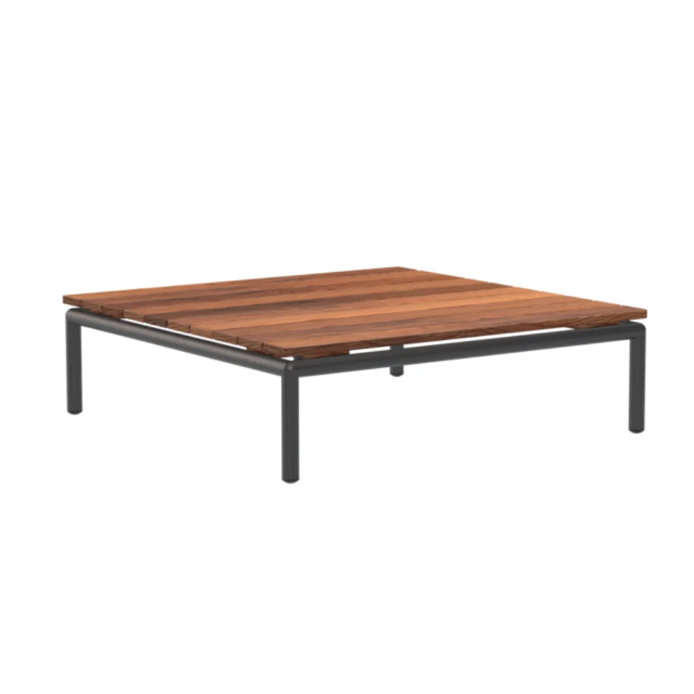 Square wooden top outdoor coffee table with dark gray aluminum frame on a white background